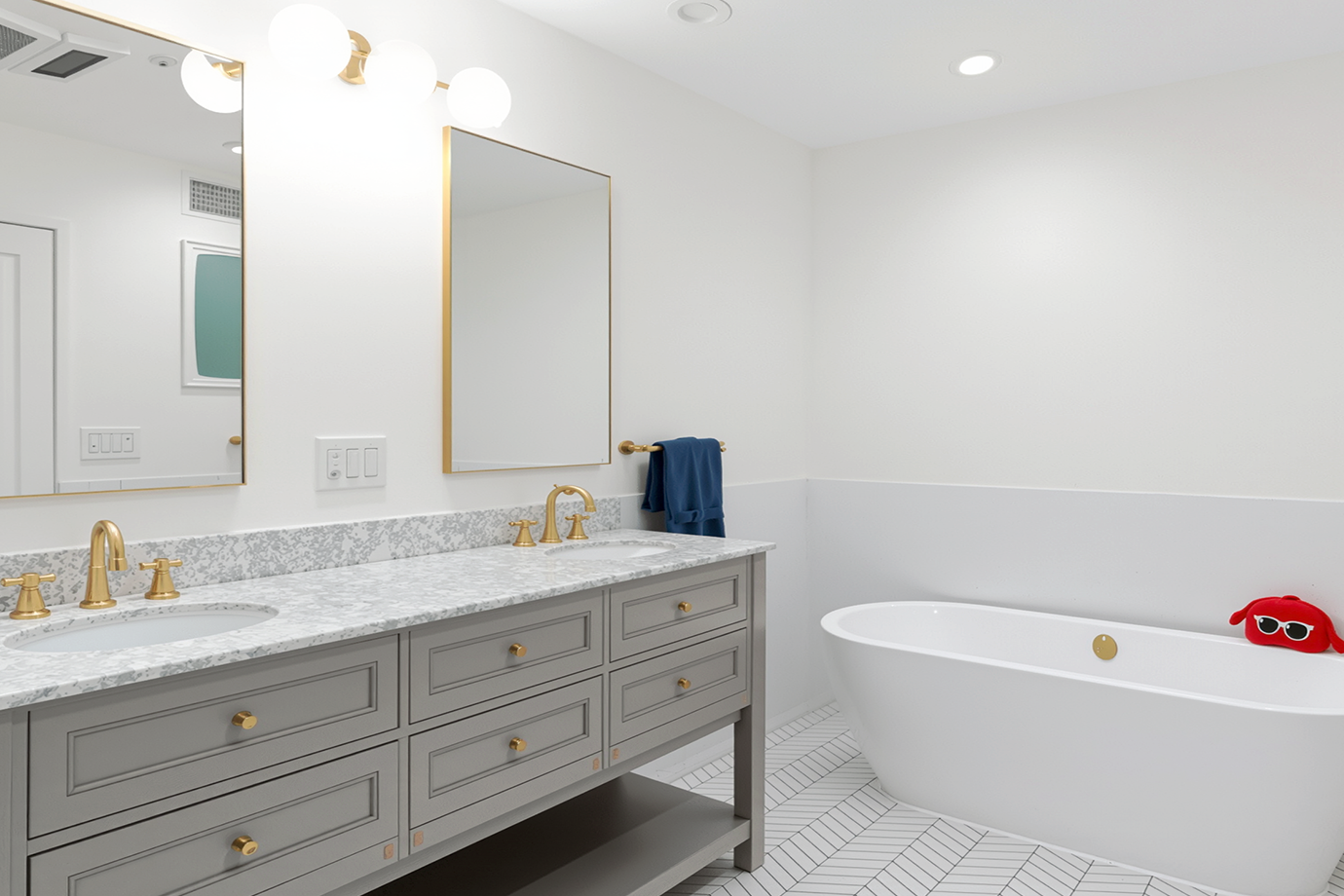Luxury bathroom remodel marble vanity soaking tub Los Angeles CA